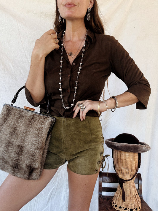 1960s Olive Suede + Brass Grommet Lace Up Shorts- S