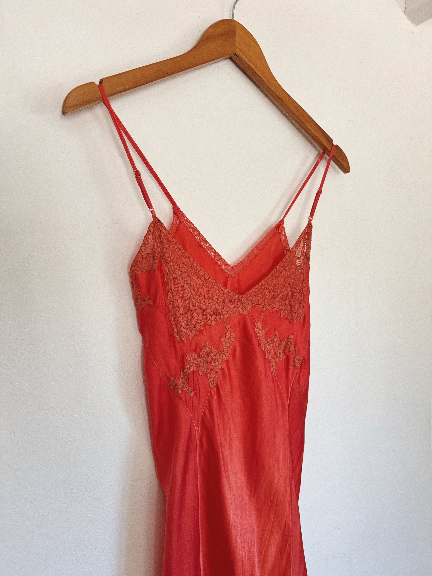 1940s Campari Satin + Lace Spaghetti Slip Dress- S