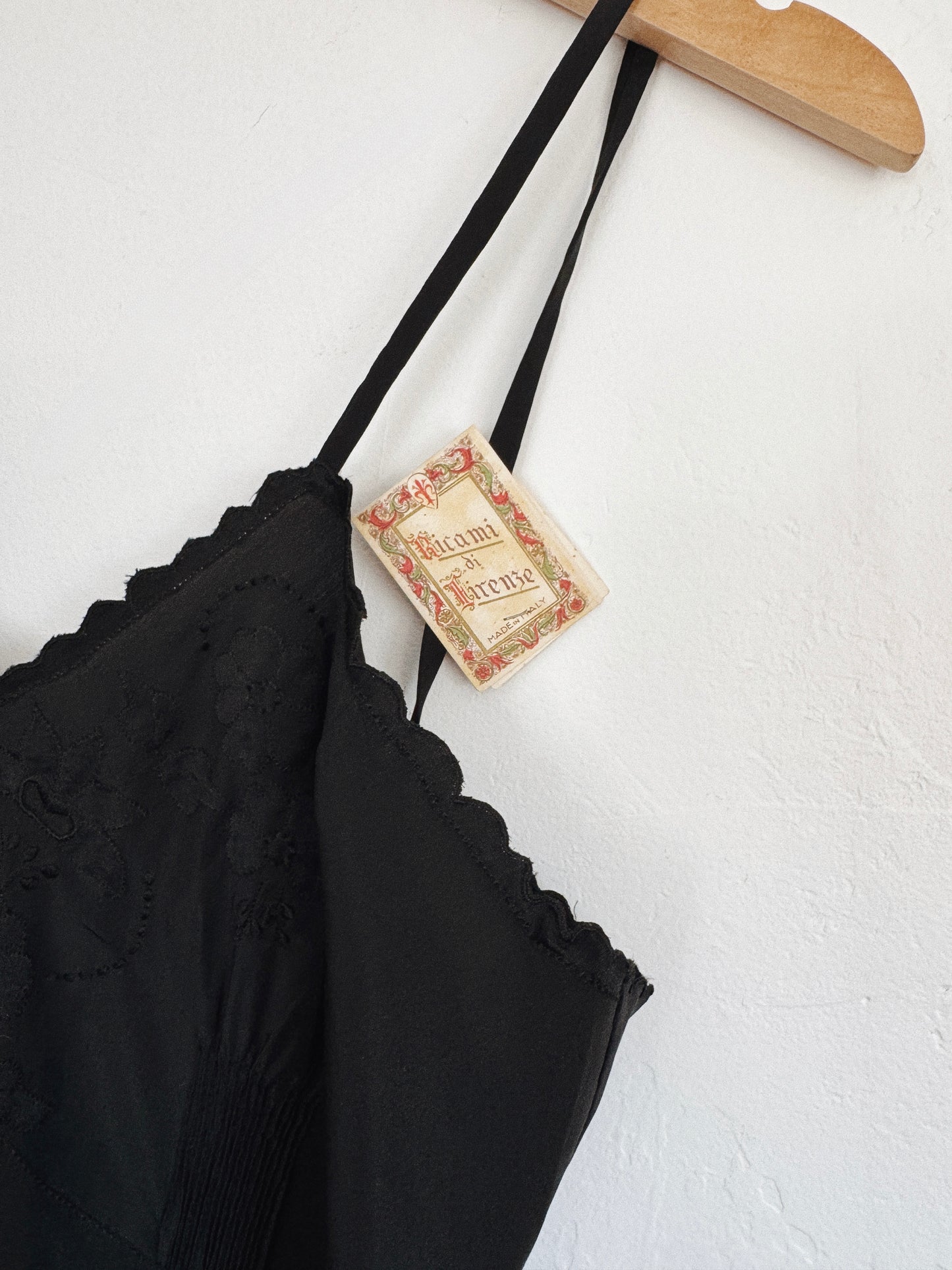 1930s/40s Italian Black Silk Slip Dress w/ Floral Embroidery- S-S/M