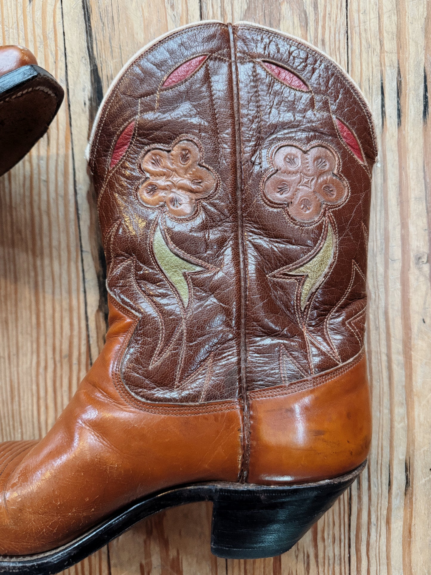 1950s Pee Wee Cowboy Boots w/ Tooled Floral Inlay- 8