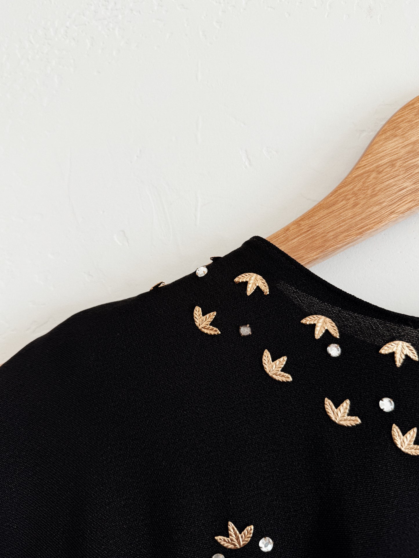 1930s Black Leaf Stud + Rhinestone Cropped Crepe Blouse- S/M