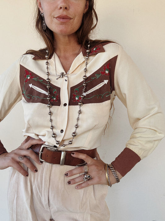 1940s Western Creme + Brown Chain Stitched Blouse- S-S/M