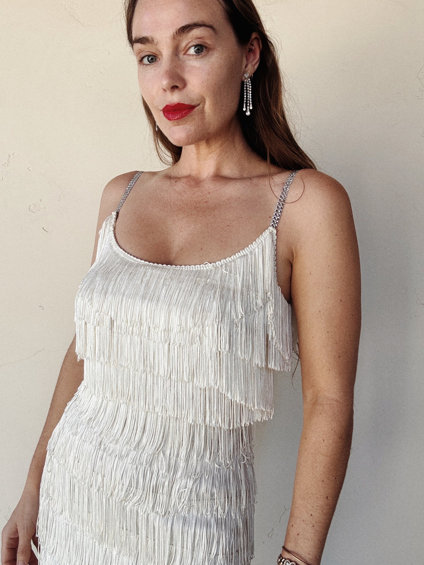 1950s White Tiered Fringe Hourglass Evening Gown- S