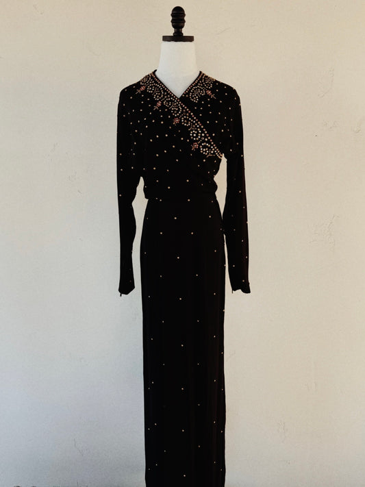1940s Heavily Encrusted Rhinestone + Studded Crepe Evening Gown- M/L