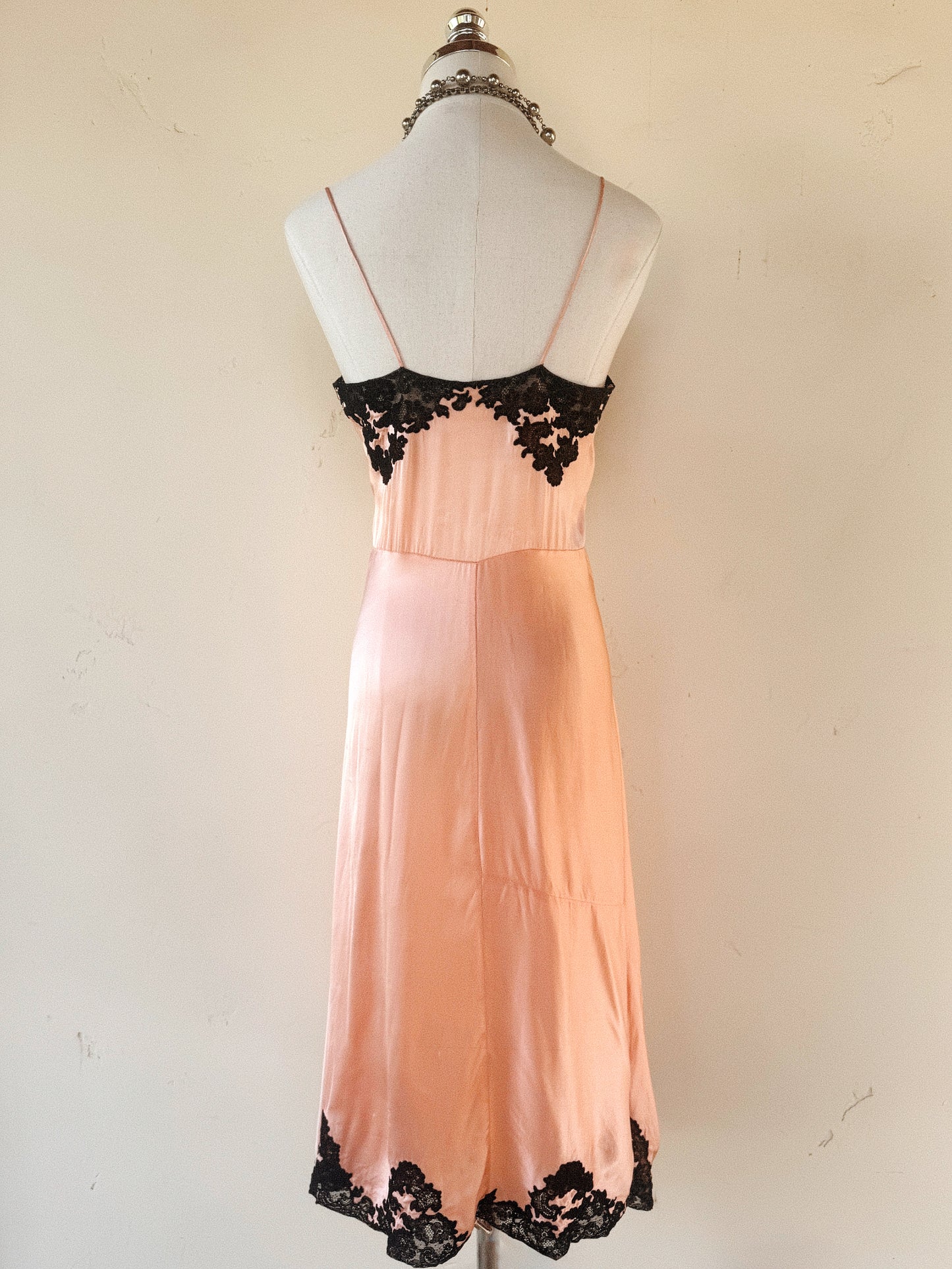 1930s Pretty in Pink Silk + Black Lace Slip Dress- S/M