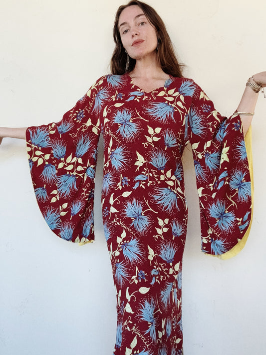 1940s Burgundy + Chartreuse Rayon Hawaiian Dress w/ Angel Sleeves- M