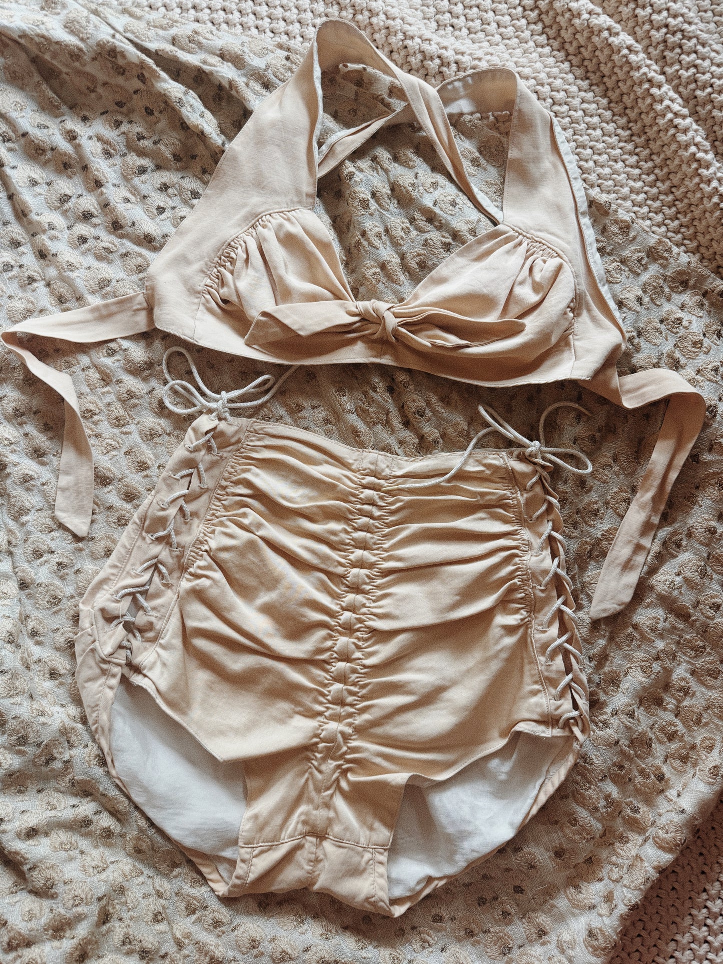 1942 Cole of California “Swoon Suit” Champagne Bombshell Ruched Lace Up Swimsuit- S/M-M