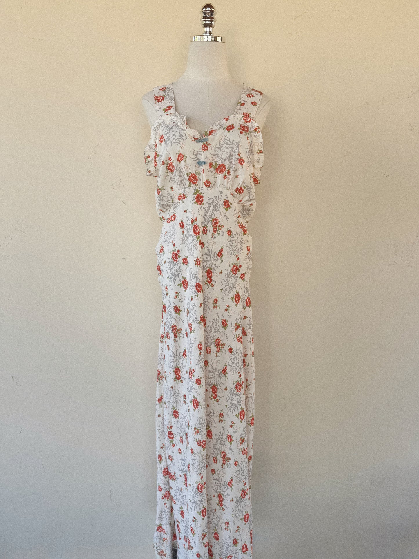 1940s Rose + Lily of the Valley Ruffle Cold Rayon Slip Dress w/ Blue Bows- M-M/L
