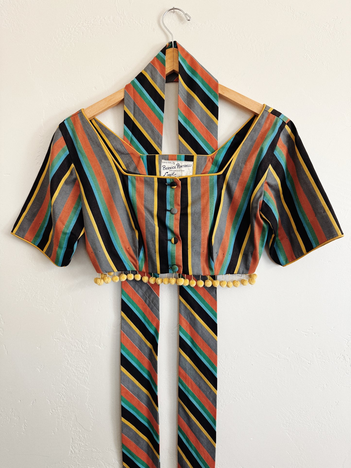 1940s/50s Striped Cropped Top w/ Pom Poms- S