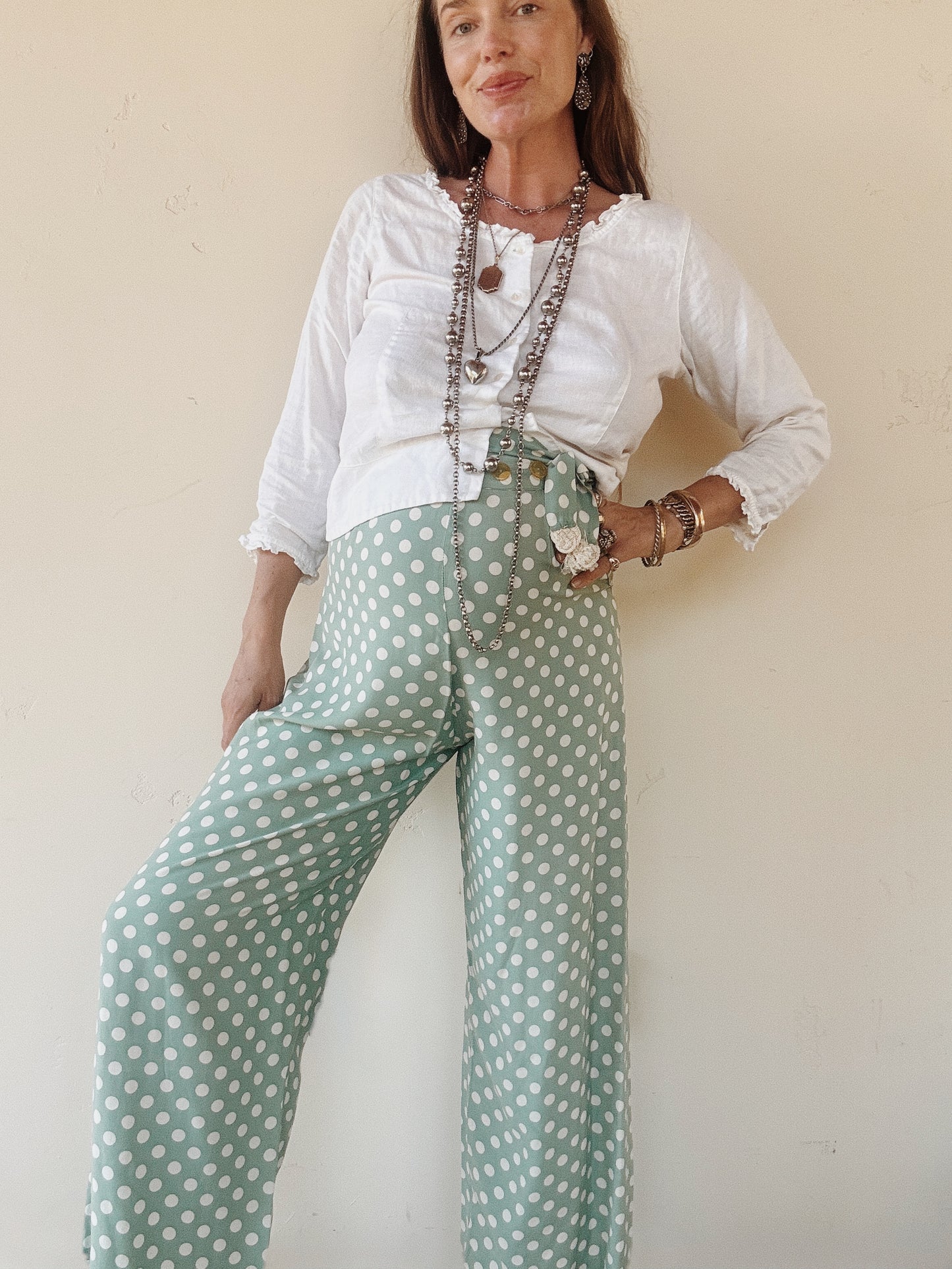 1940s Sea Foam Polka Dot Rayon Lounge Pants w/ Sash- M