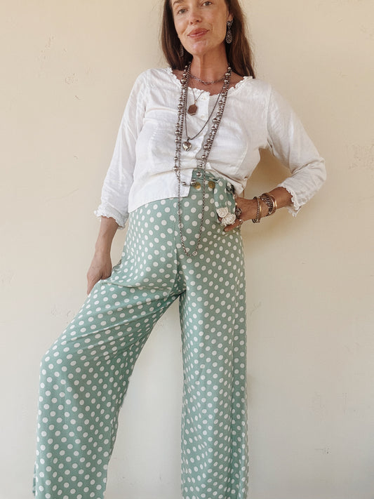 1940s Sea Foam Polka Dot Rayon Lounge Pants w/ Sash- M