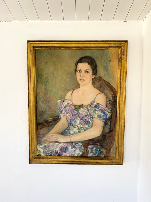 1930s Large Sage + Violet Portrait of a Woman in Gilt Frame- 29 x 37”