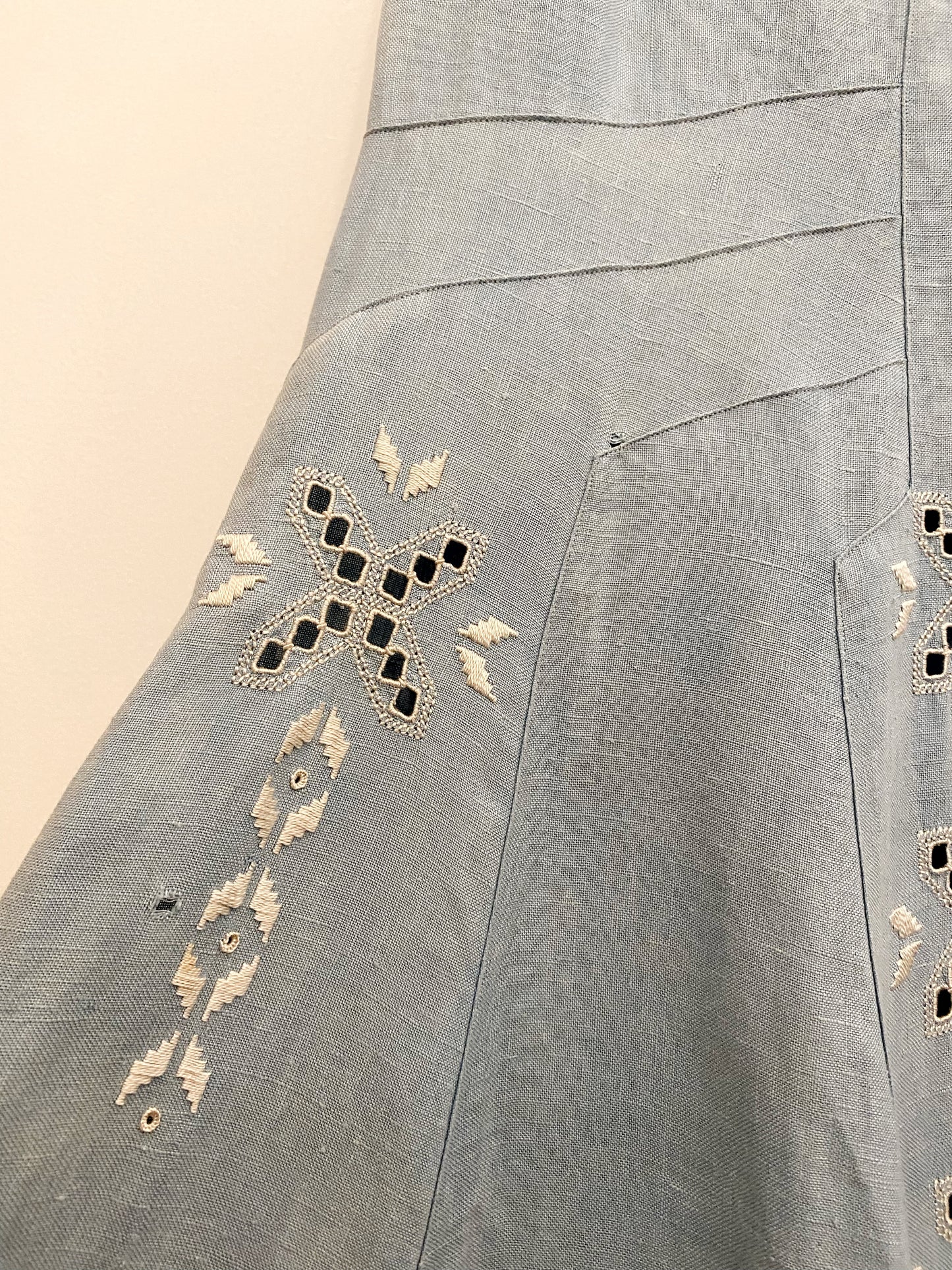 1920s Pale Blue Embroidered Linen Drop Waist Dress- M/L