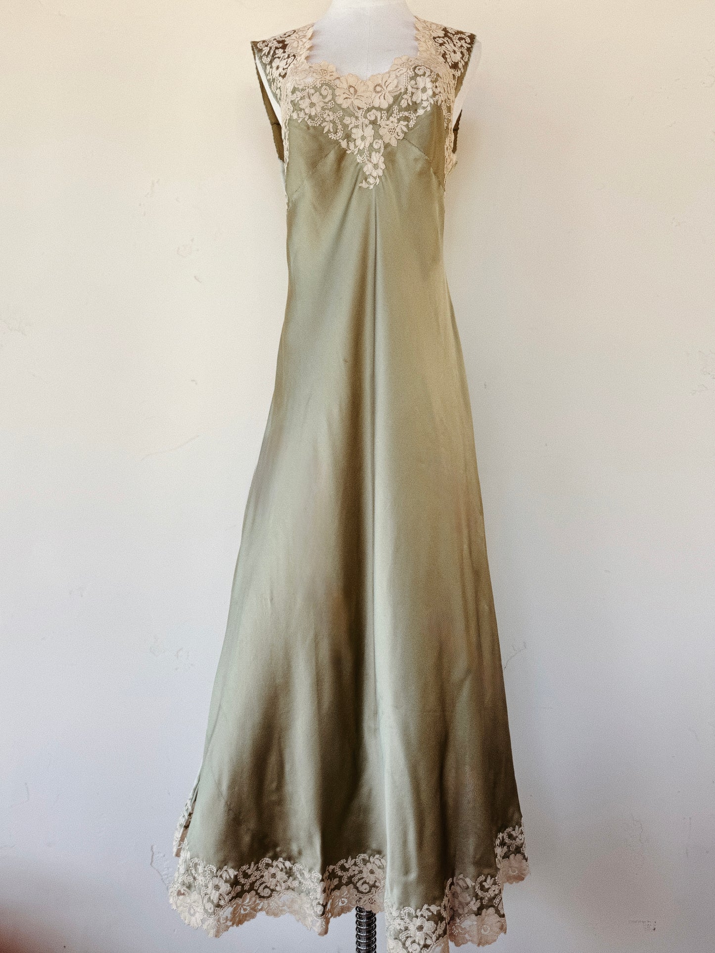1930s Sage Charmeuse Silk Slip Dress w/ Ecru Lace Trim- S/M