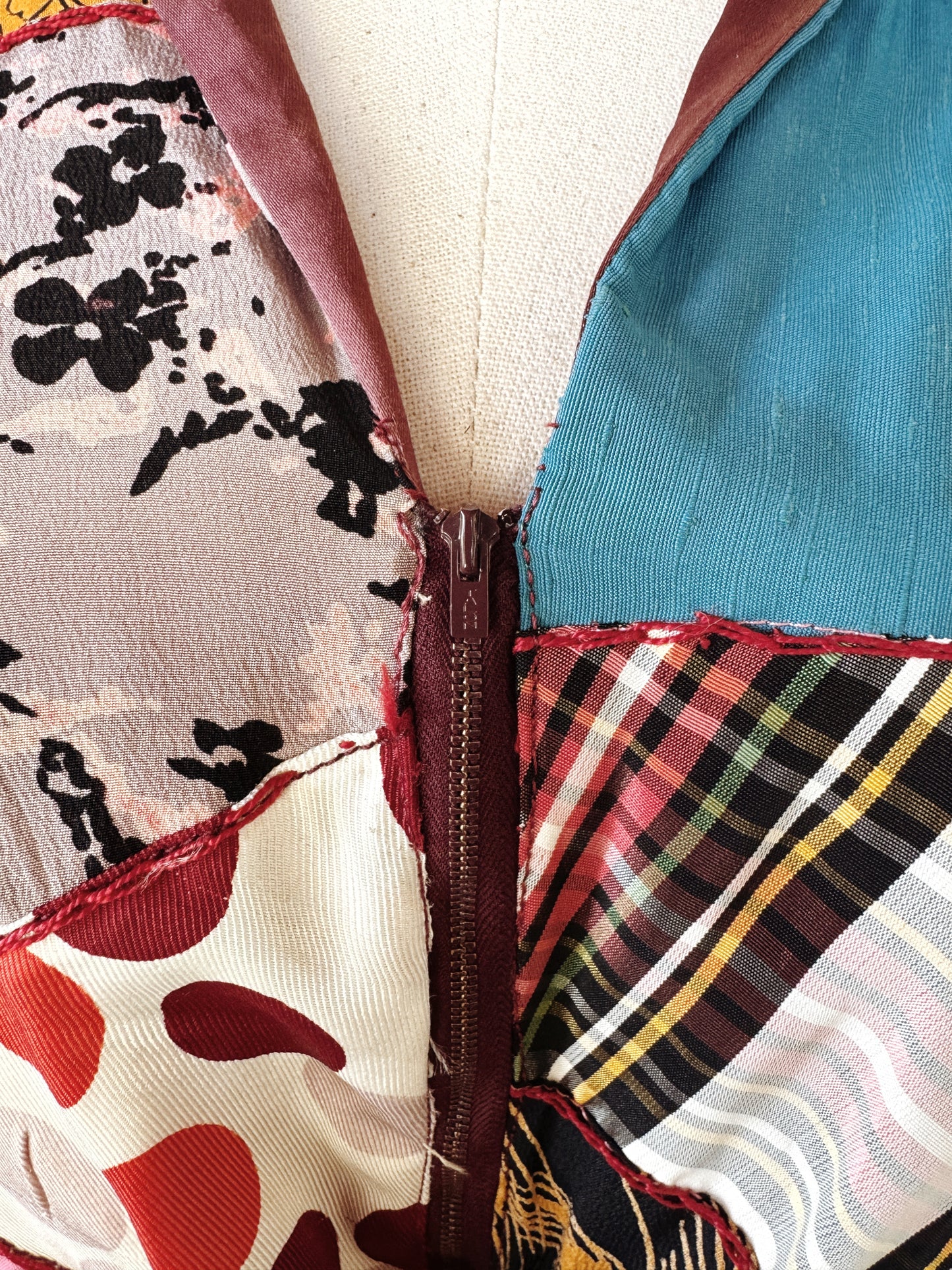 1940s Crazy Quilt Dressing w/ Rayon Patches- S/M-M