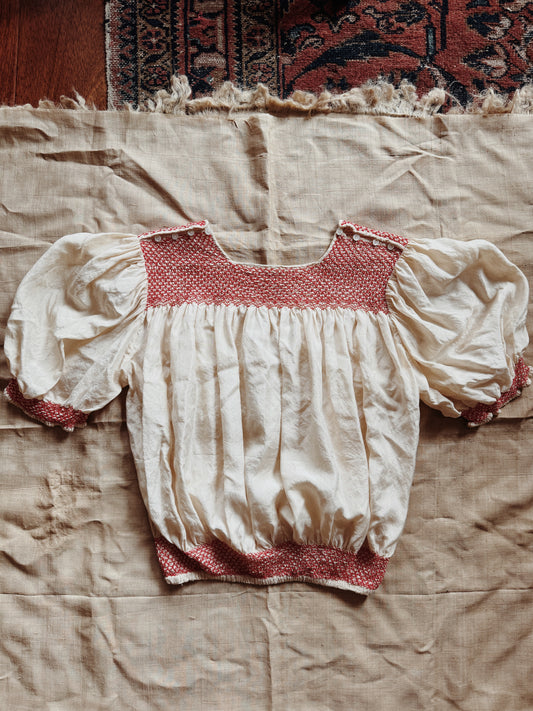 1930s Ecru Silk Hungarian Cropped Blouse w/ Red Smocking- S