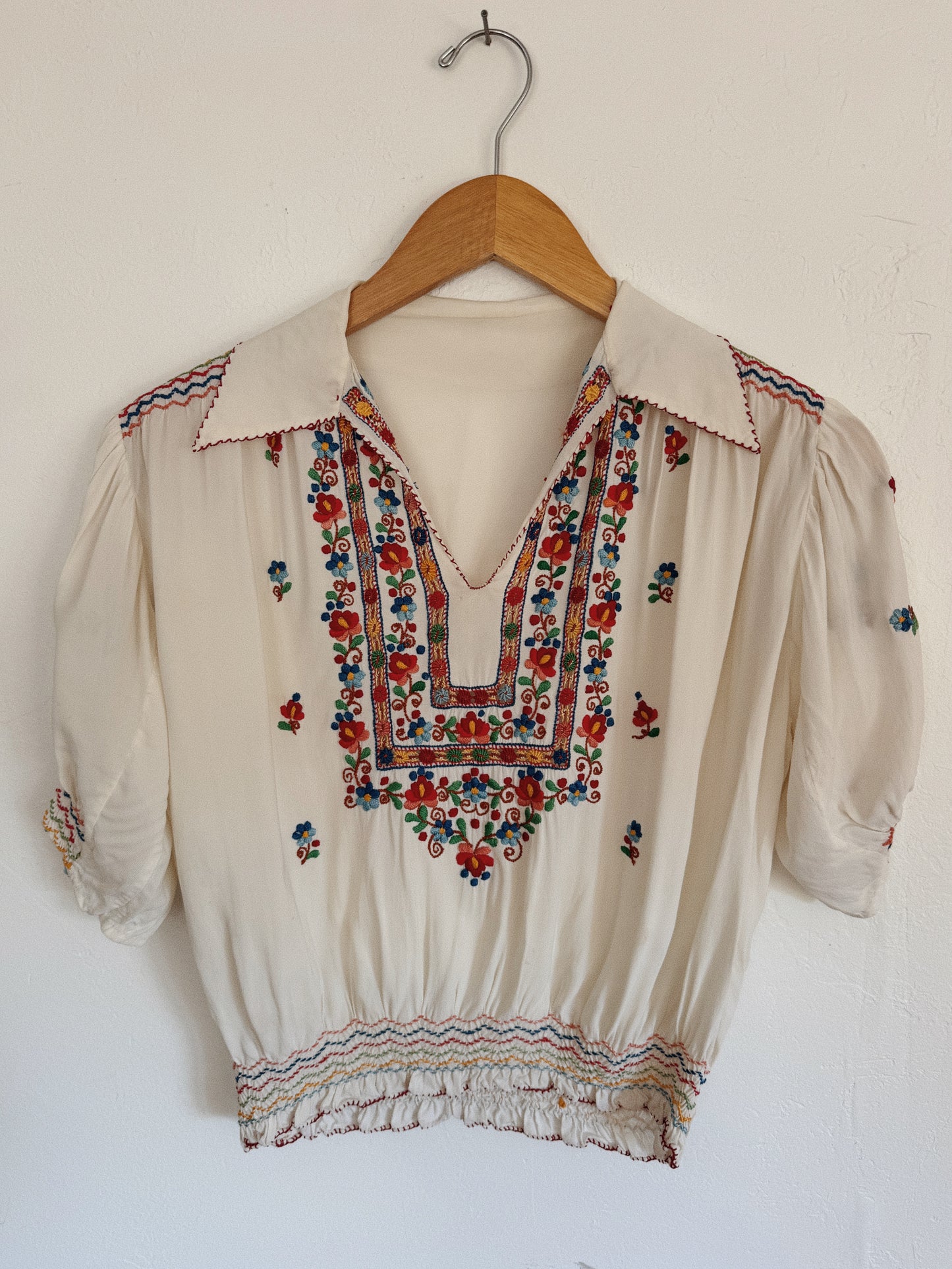 1930s/40s Embroidered Rayon Hungarian Peasant Blouse- S/M-M