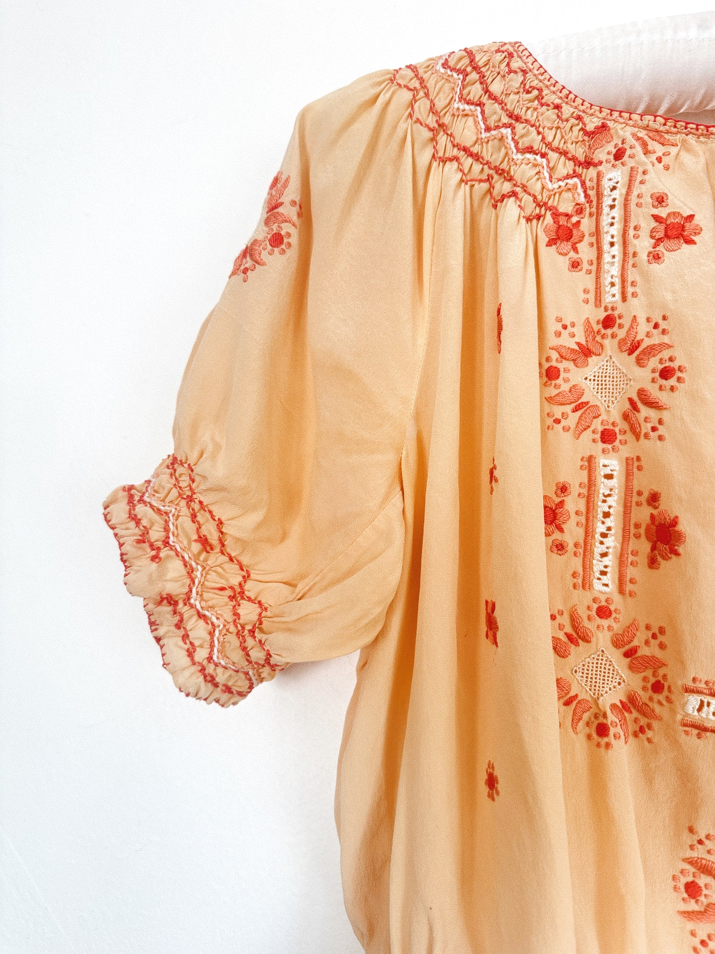 1930s Peach Silk Hungarian Peasant Blouse w/ Floral + Butterfly Embroidery- S/M