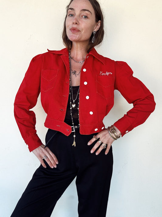 1940s Cherry Red Cropped “Evelyn” Sportswear Jacket- M