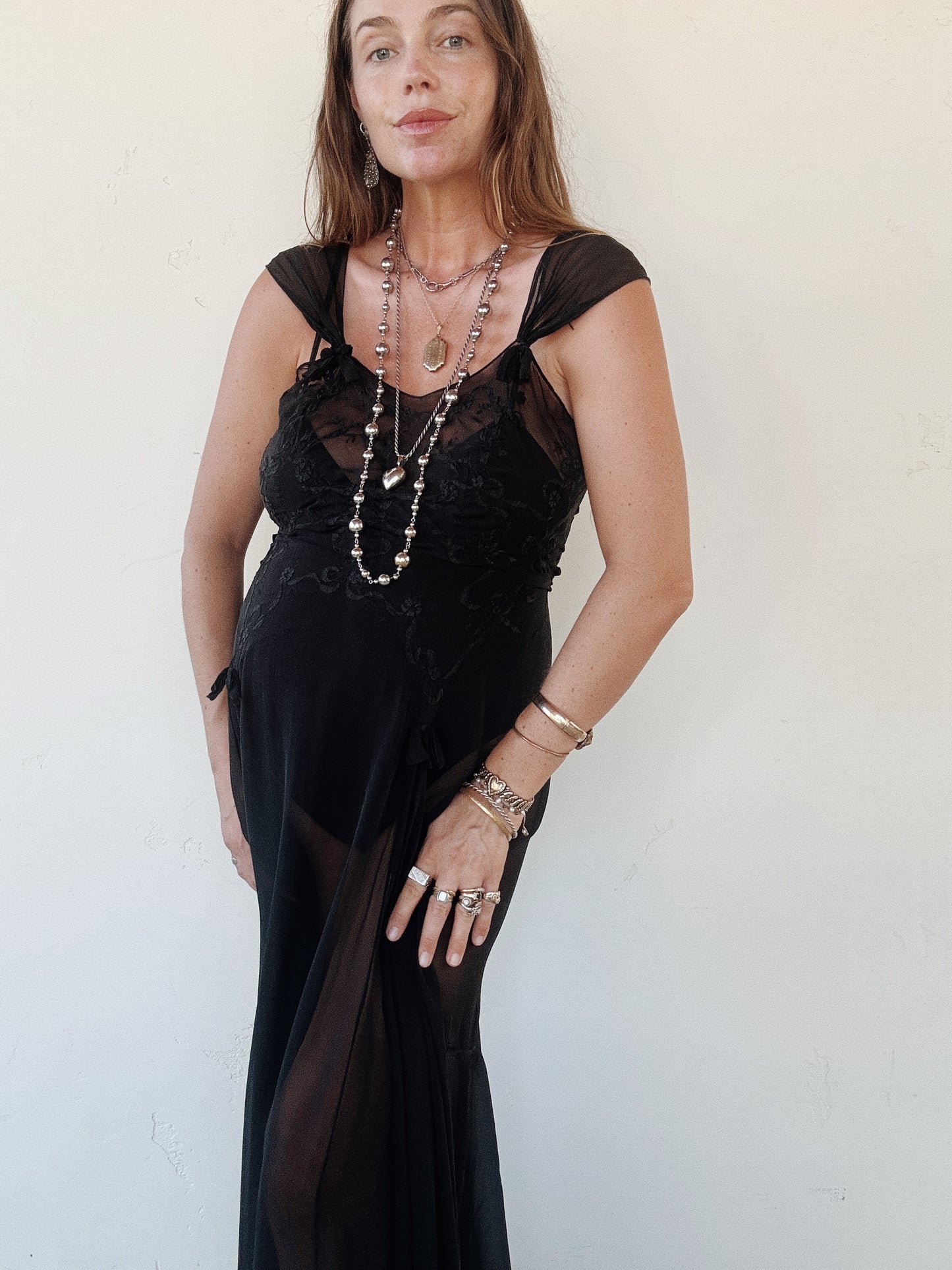 1930s Black Silk Chiffon Slip Dress w/ Floral Appliqué- S/M-M