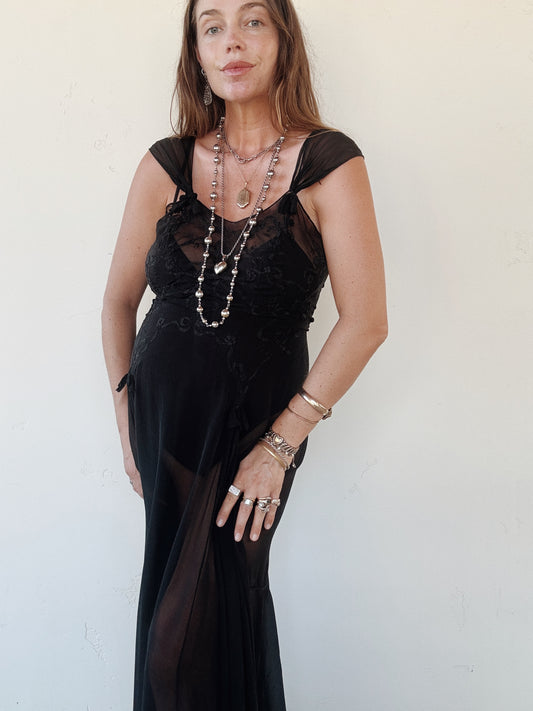 1930s Black Silk Chiffon Slip Dress w/ Floral Appliqué- S/M-M