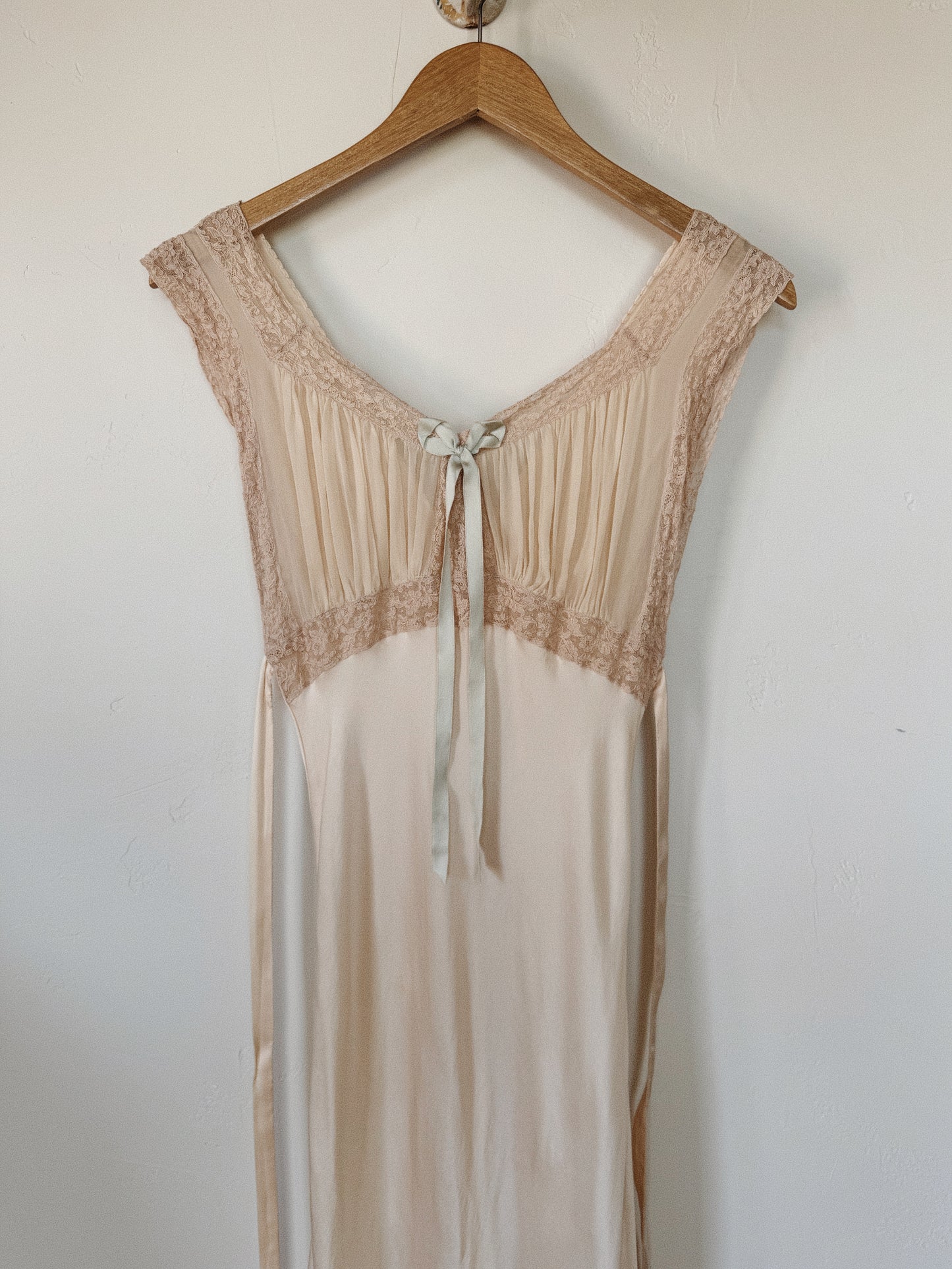 1930s Ivory Silk + Chiffon Slip Dress w/ Pale Blue Bow- XS-S