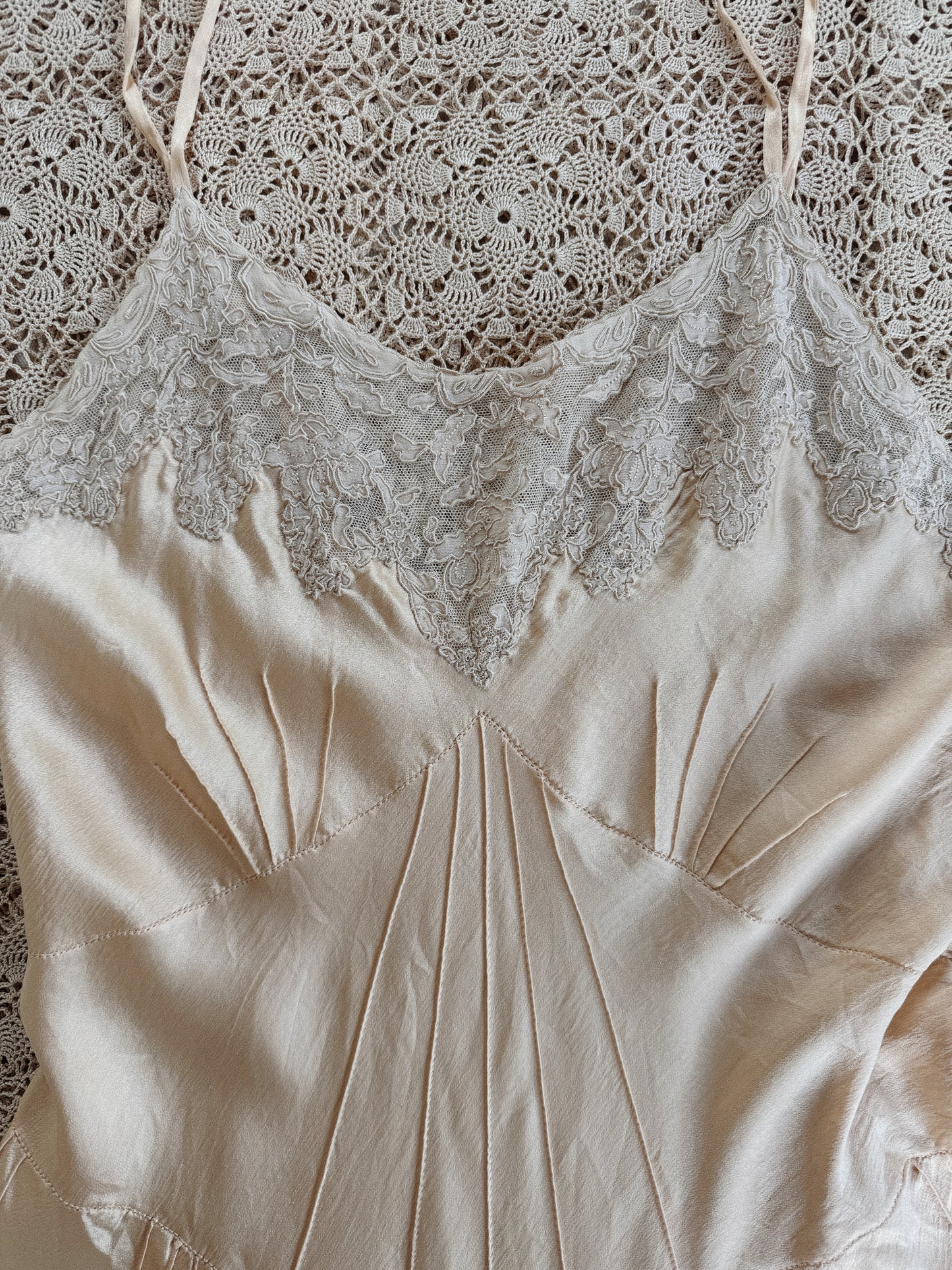 1930s Ivory Charmeuse Silk + French Lace Hand Sewn Step In- XS-S
