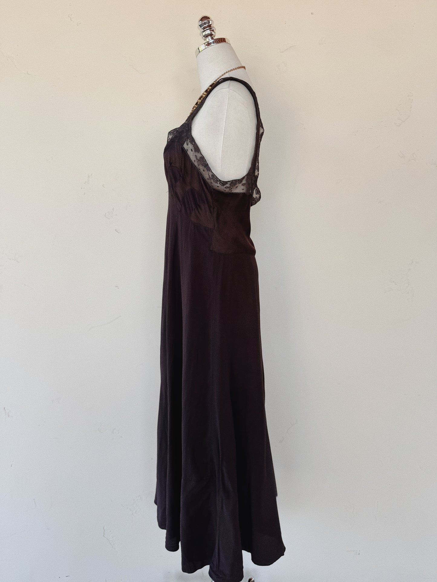 1930s Aubergine Silk Slip Dress w/ Wave Inserts + Circular Embroidery- S/M-M