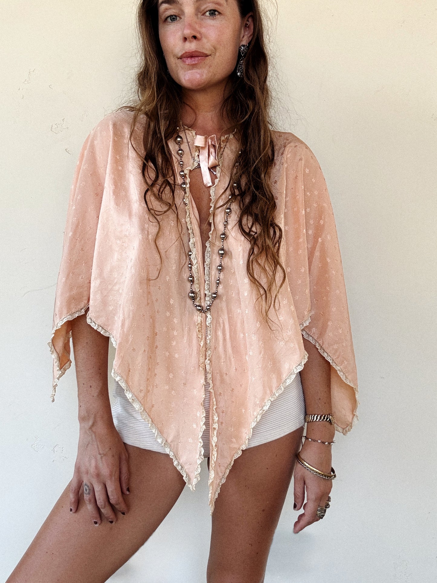 1930s Dusty Rose Silk Brocade Hanker Chief Bed Jacket- S-M