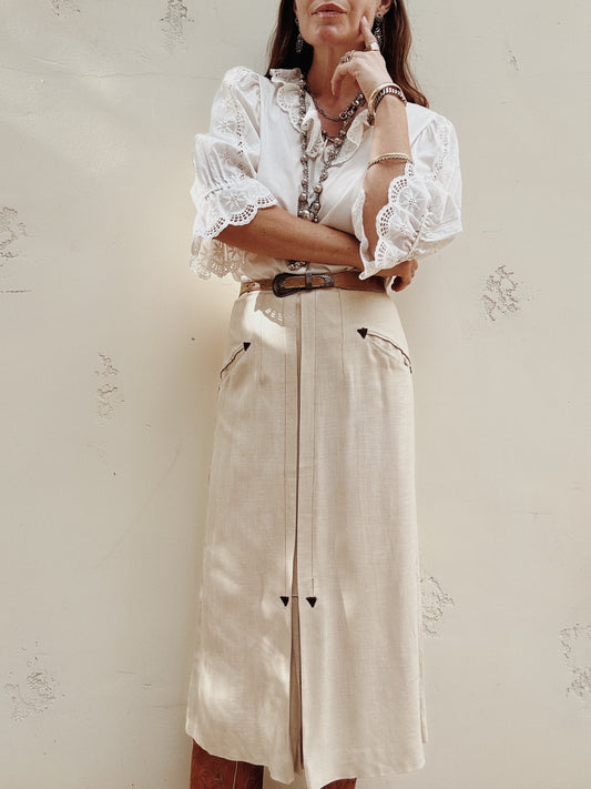 1950s Taupe Linen Western Skirt- S/M-M