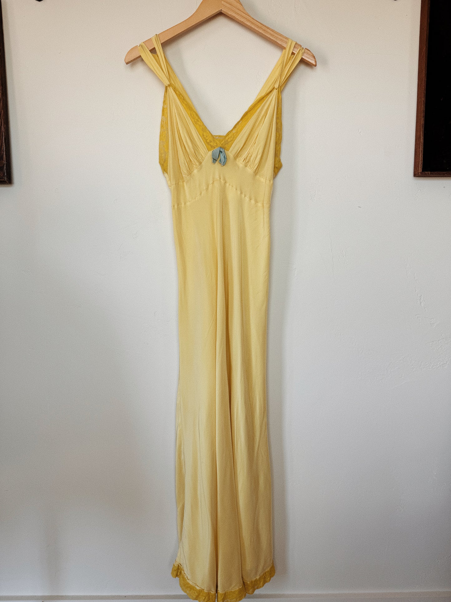 1940s Canary Yellow Cold Rayon + Lace Slip Dress w/ Robins Egg Blue Bow- S- S/M