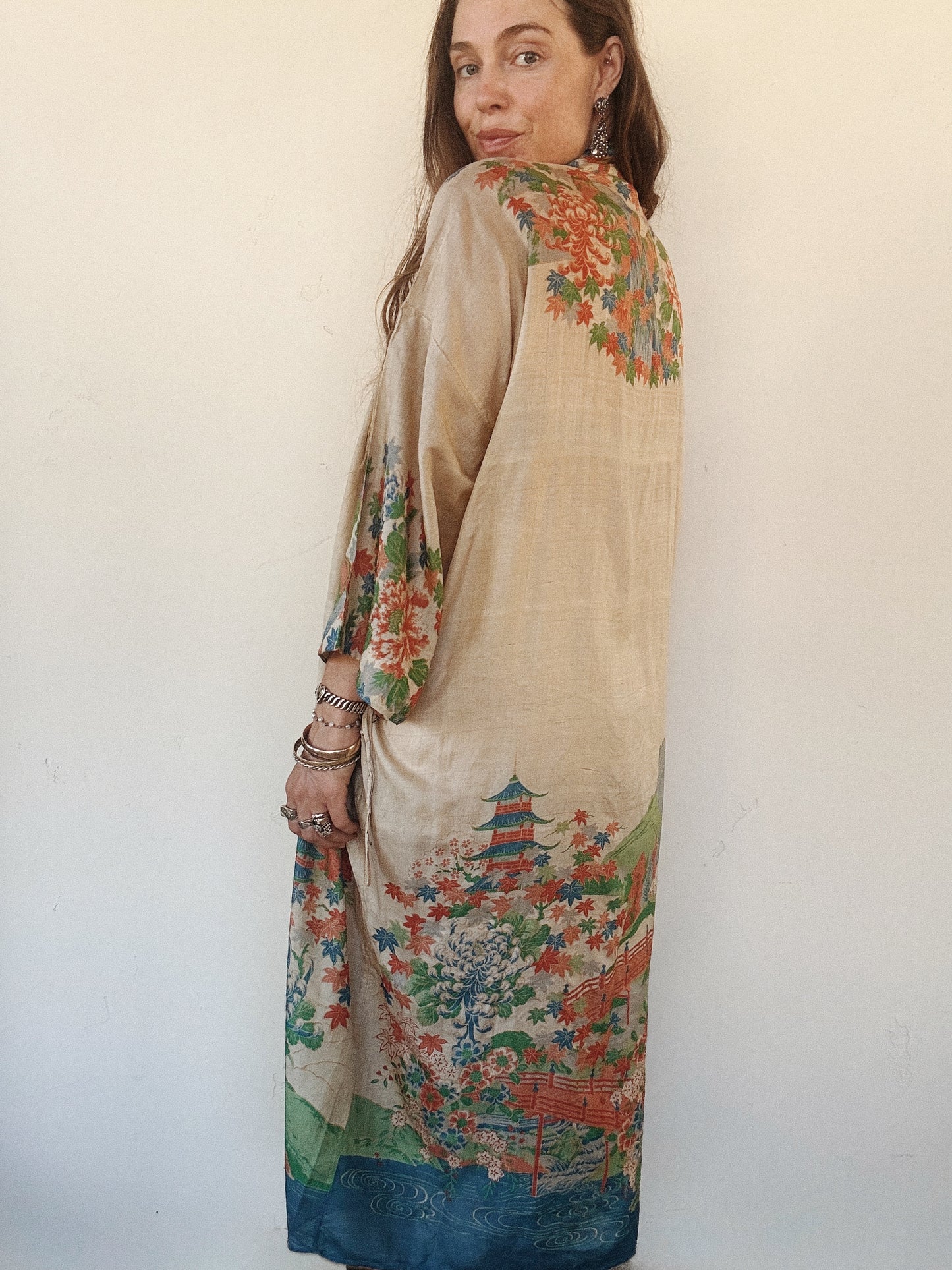 1920s Pongee Silk Printed Duster Robe- O/S