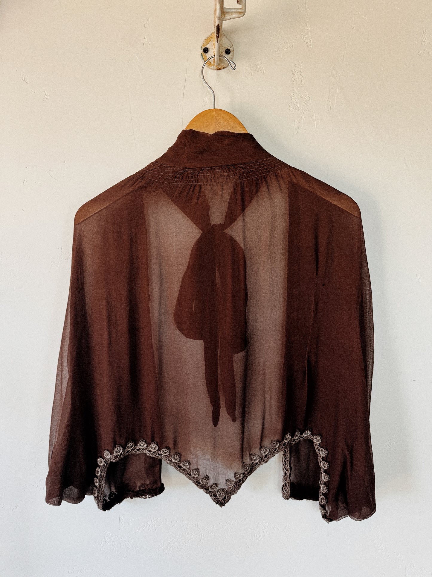 1930s Mocha Crinkle Silk Chiffon Shrug Jacket- S-L