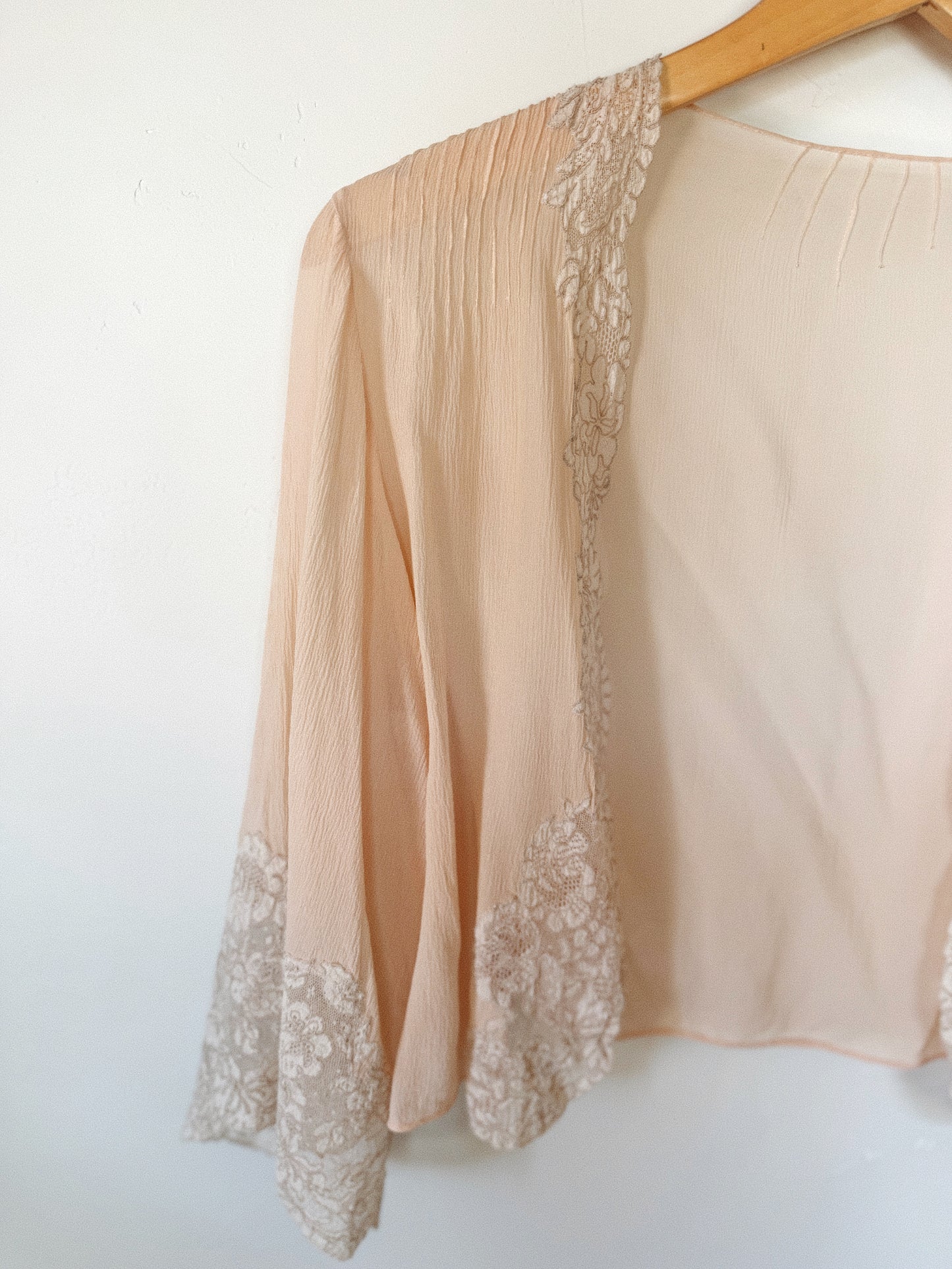 1930s Blush Pink Crinkle Silk Chiffon + Lace Bed Jacket- S-M/L