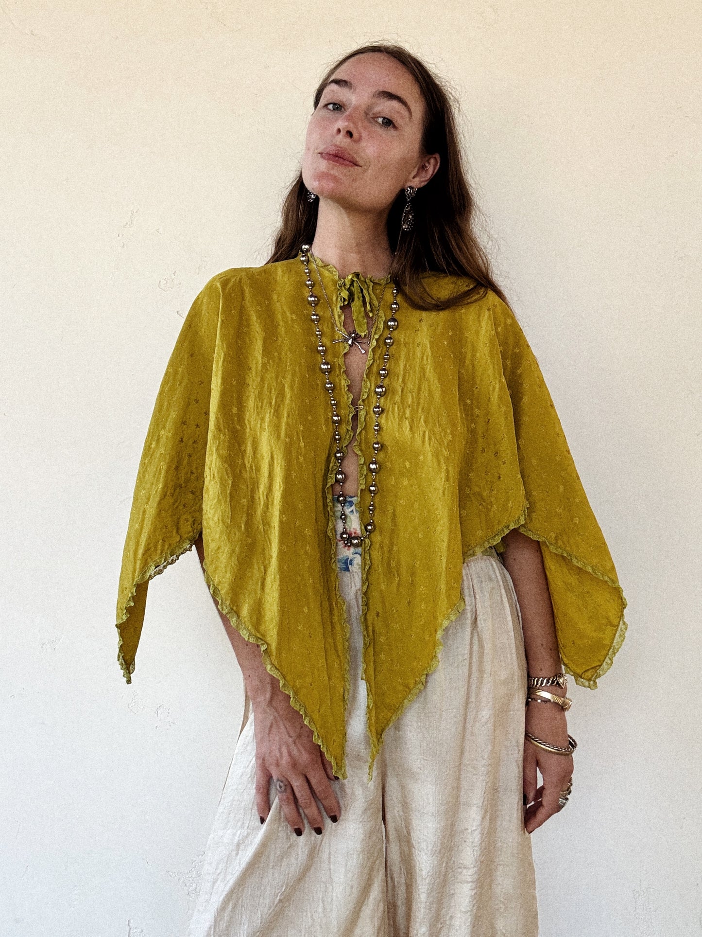 1930s Olive Silk Handkerchief Bed Jacket- S-M