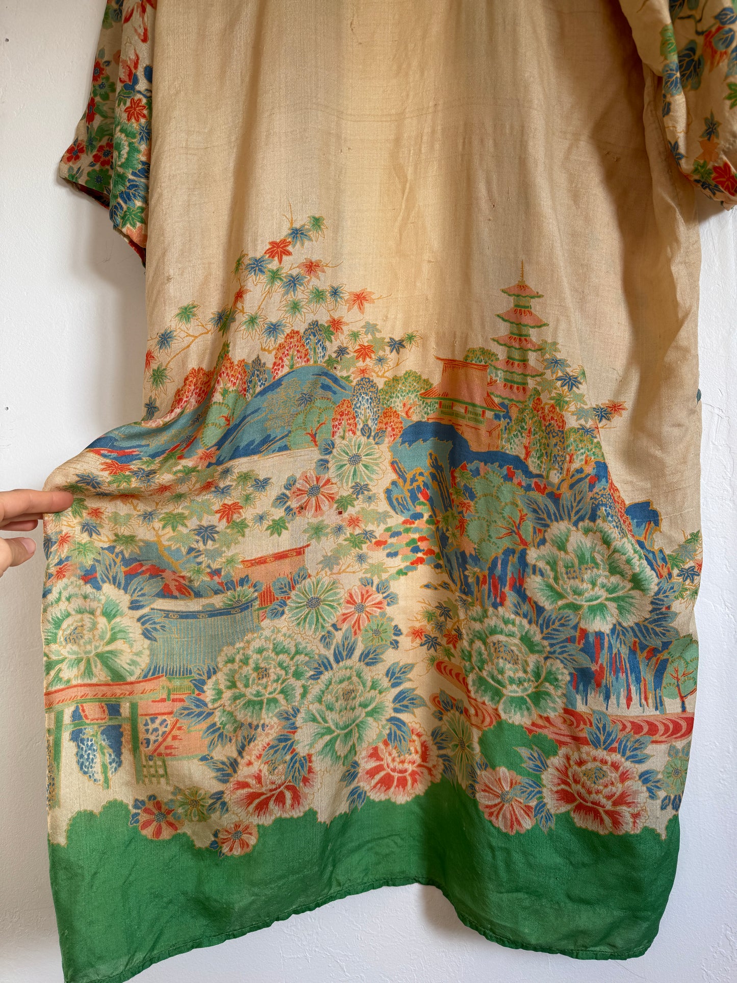 1920s Green Printed Pongee Silk Duster Robe