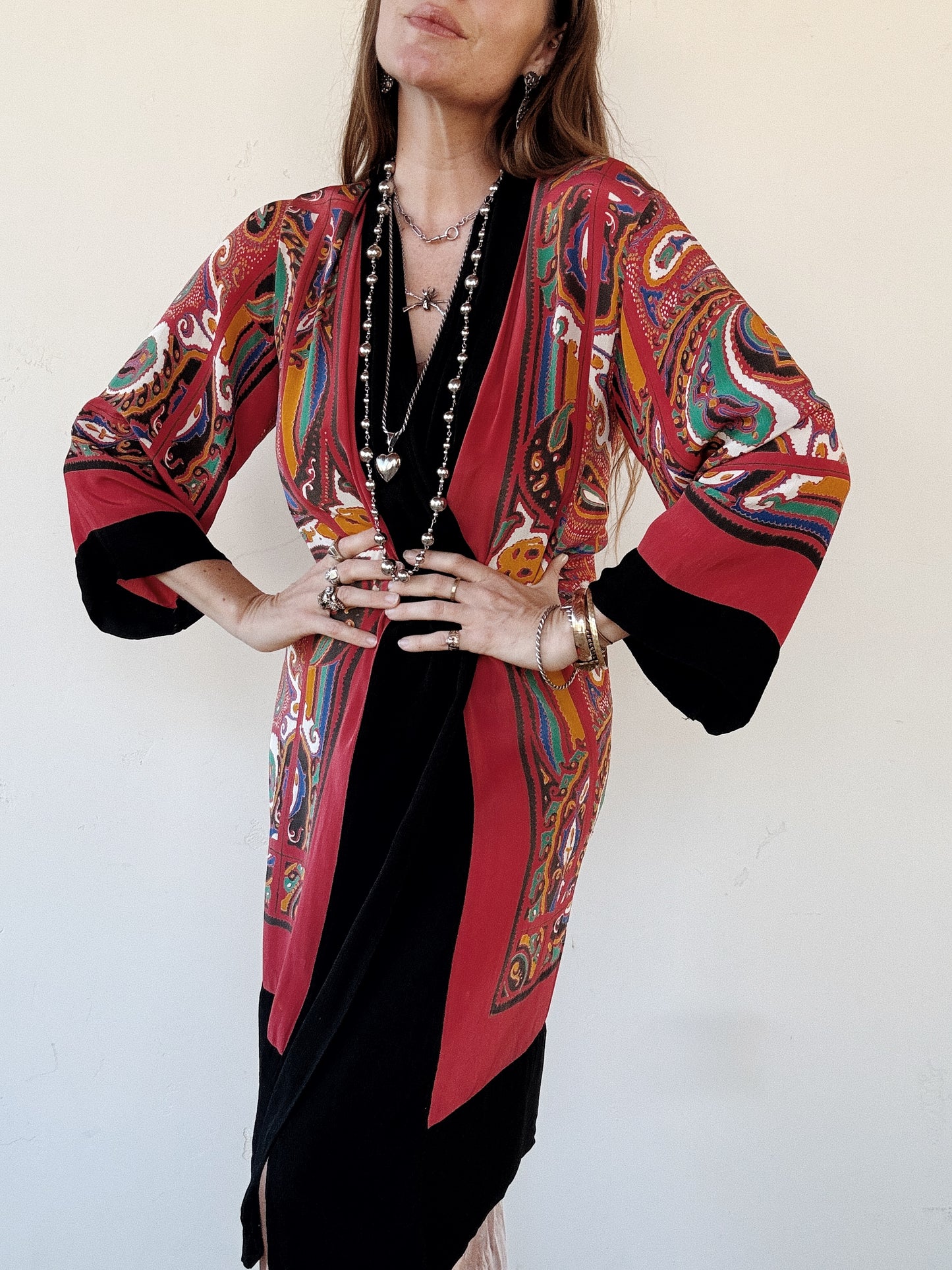 1920s Avant Garde Paisley Silk Crepe Duster Robe- S-L