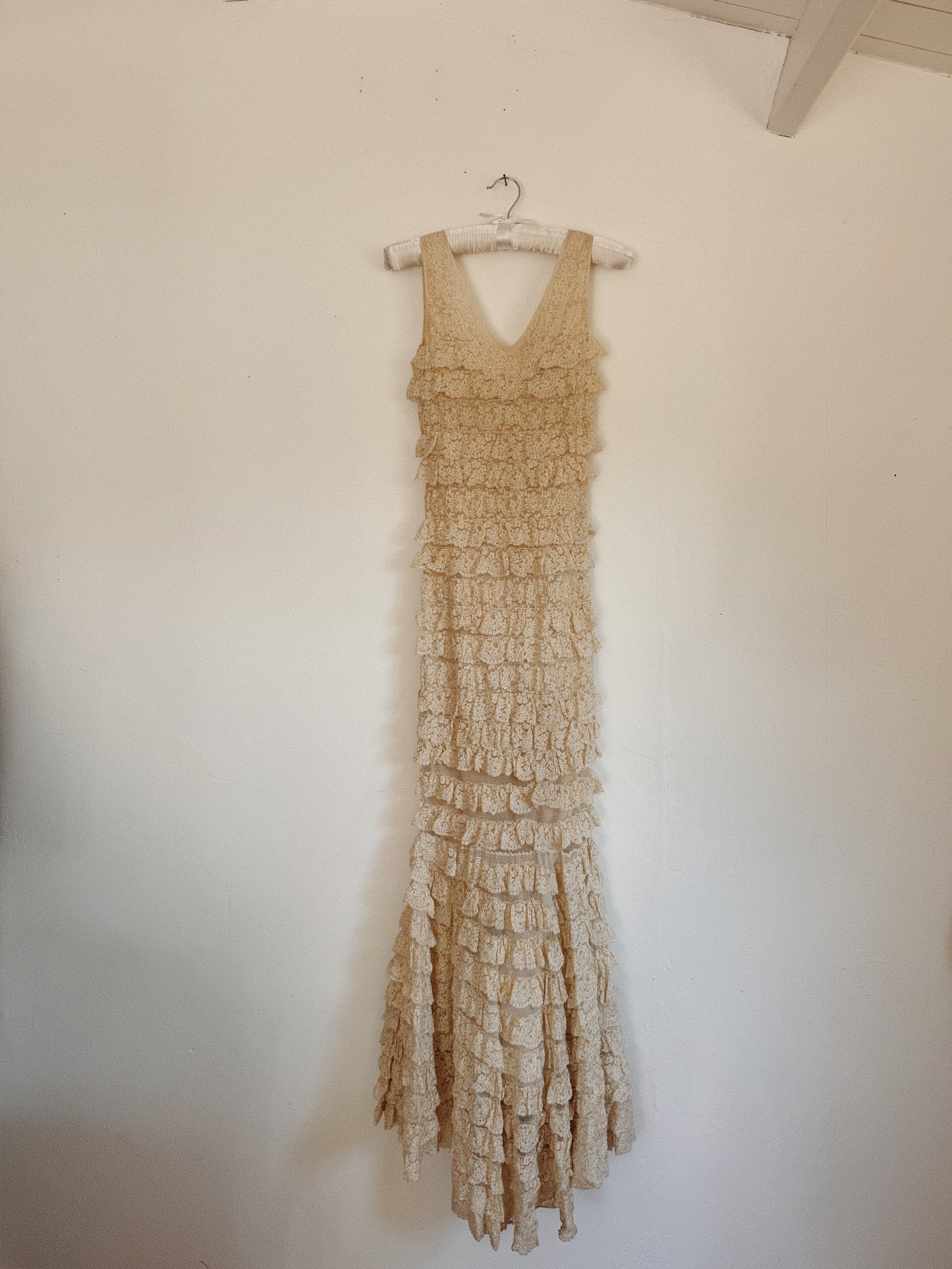 1930s Ecru Lace Tiered Ruffle Gown w/ Fishtail Hem- XS-S
