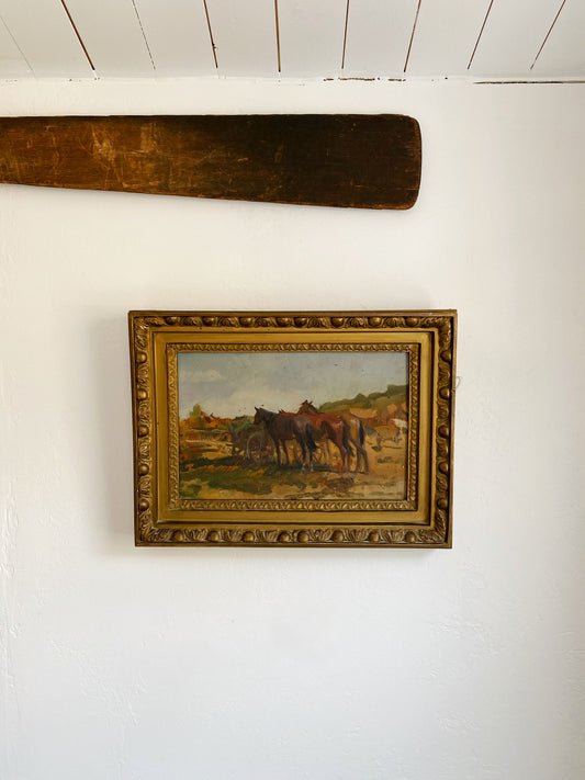 Vintage Old West Horse Painting in Gesso Gilt Frame- 13x18”
