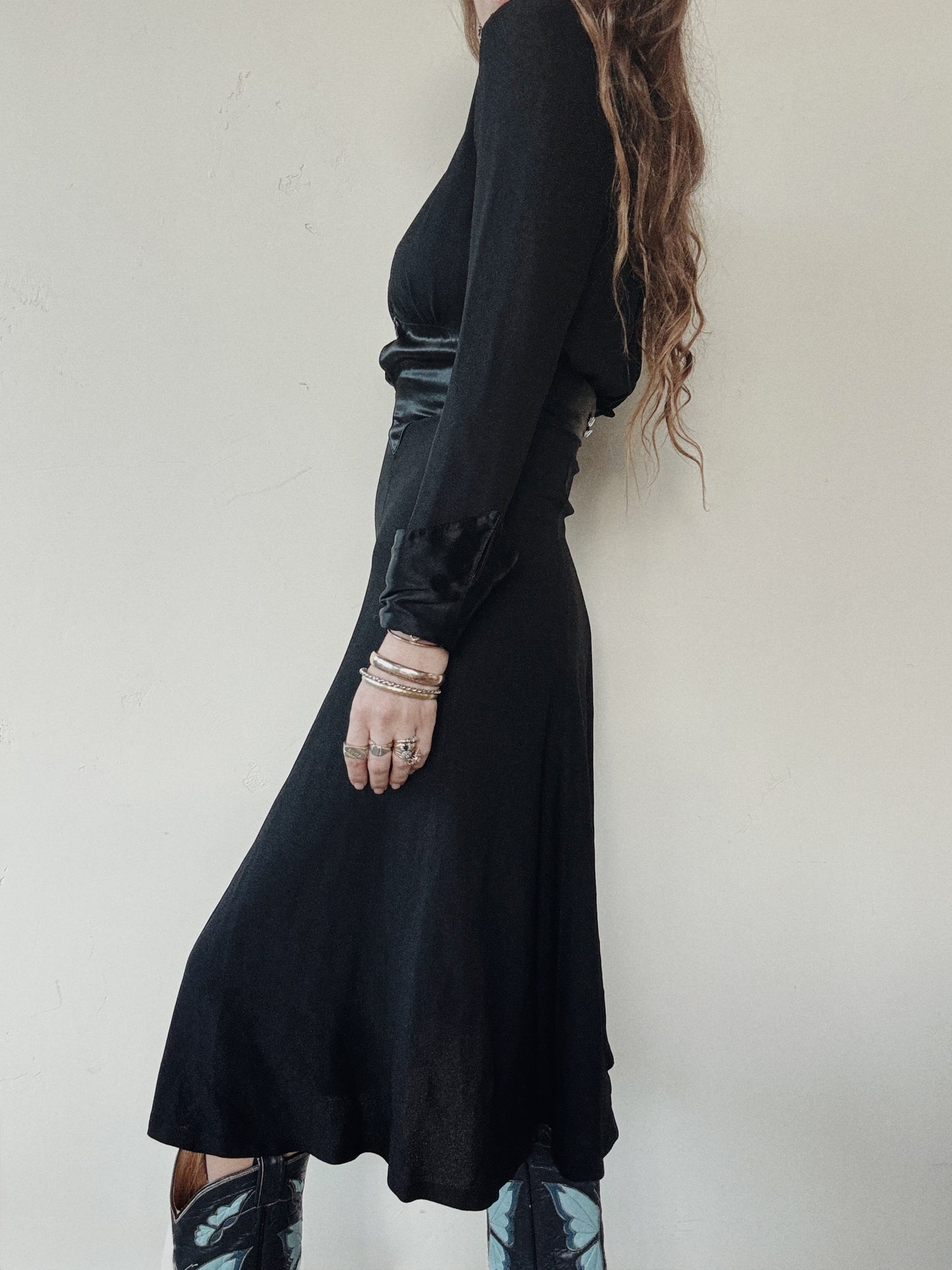 1970s Ossie Clark Black Moss Crepe Dress- S
