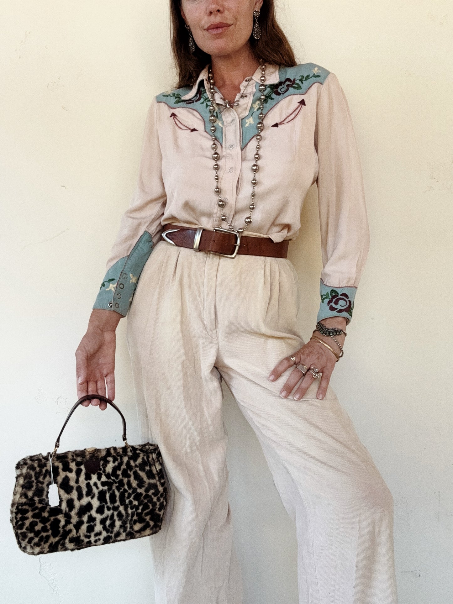 1950s Sky Blue + Purple Embroidered Western Blouse- S/M