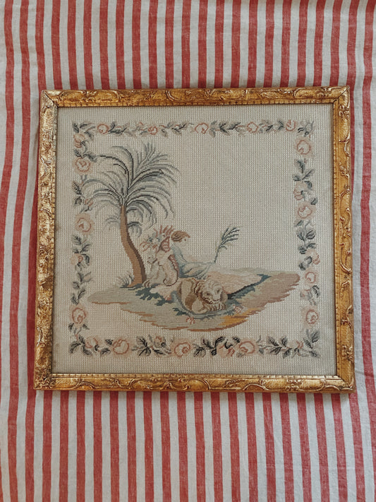 Vintage Needlepoint Tapestry in French Style Gilded Frame- 21x22”