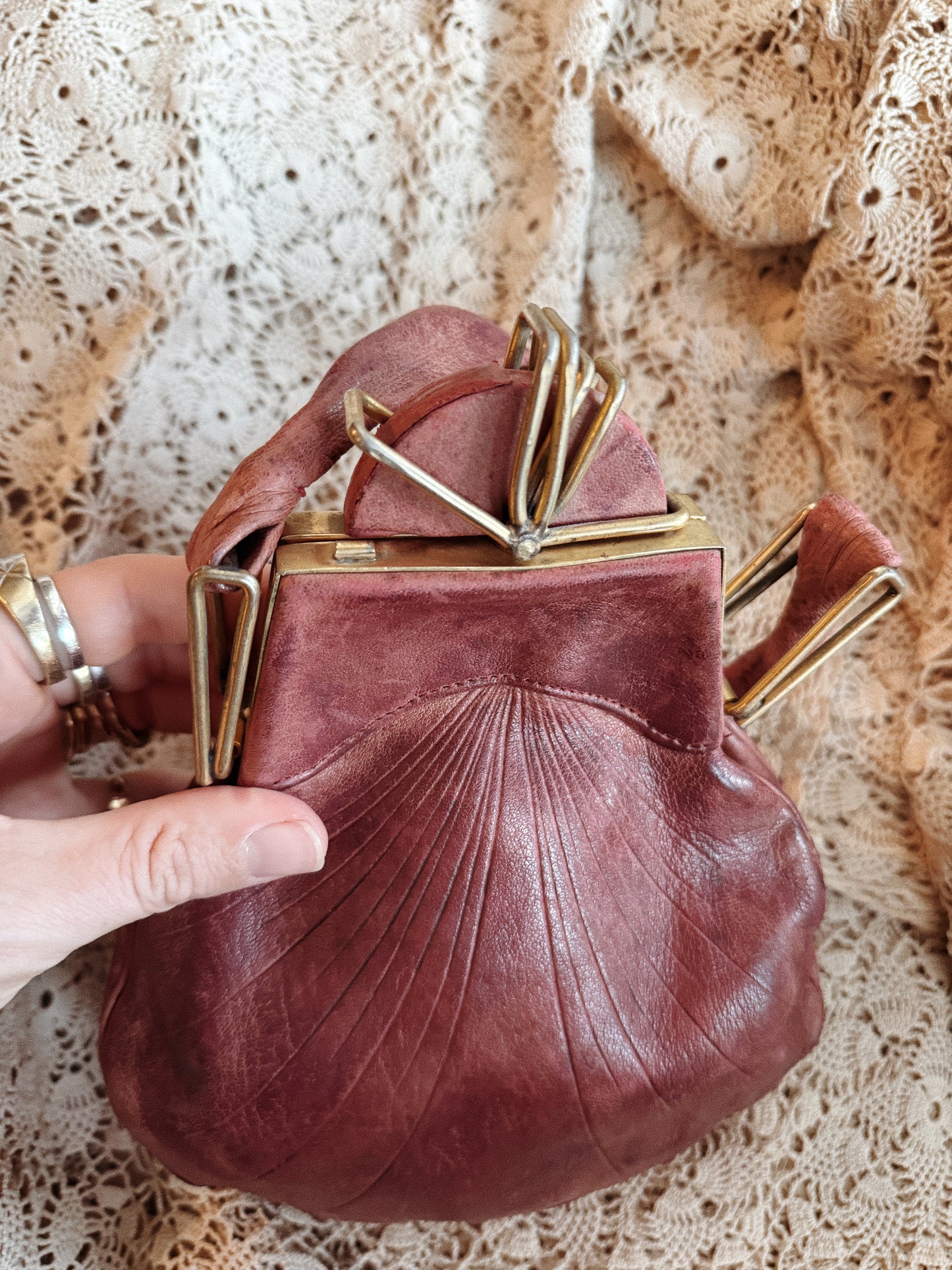 1930s Deco Cabernet Lambskin Shell Handbag w/ Brass Hardwear