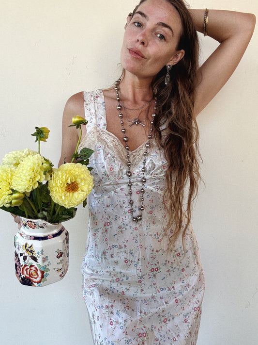 1940s White Floral + Lace Summer Slip Dress- S-S/M