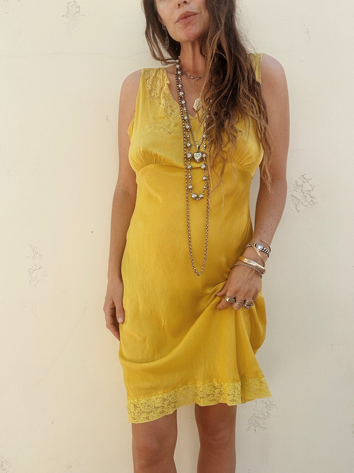 1930s Electric Mustard Silk Slip Dress w/ Floral Lace Inserts- M