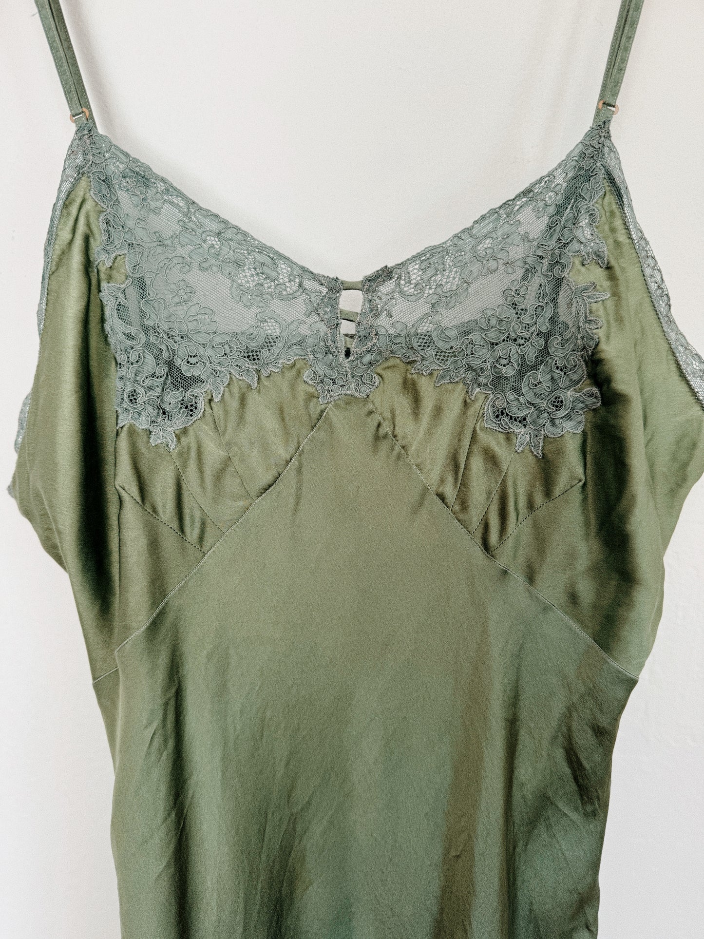 1940s Moss Green Silk Spaghetti Slip Dress w/ Lace Trim- S