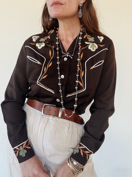 1940s/50s Chocolate Western Blouse w/ Orange + Mint Chain Stitching- M