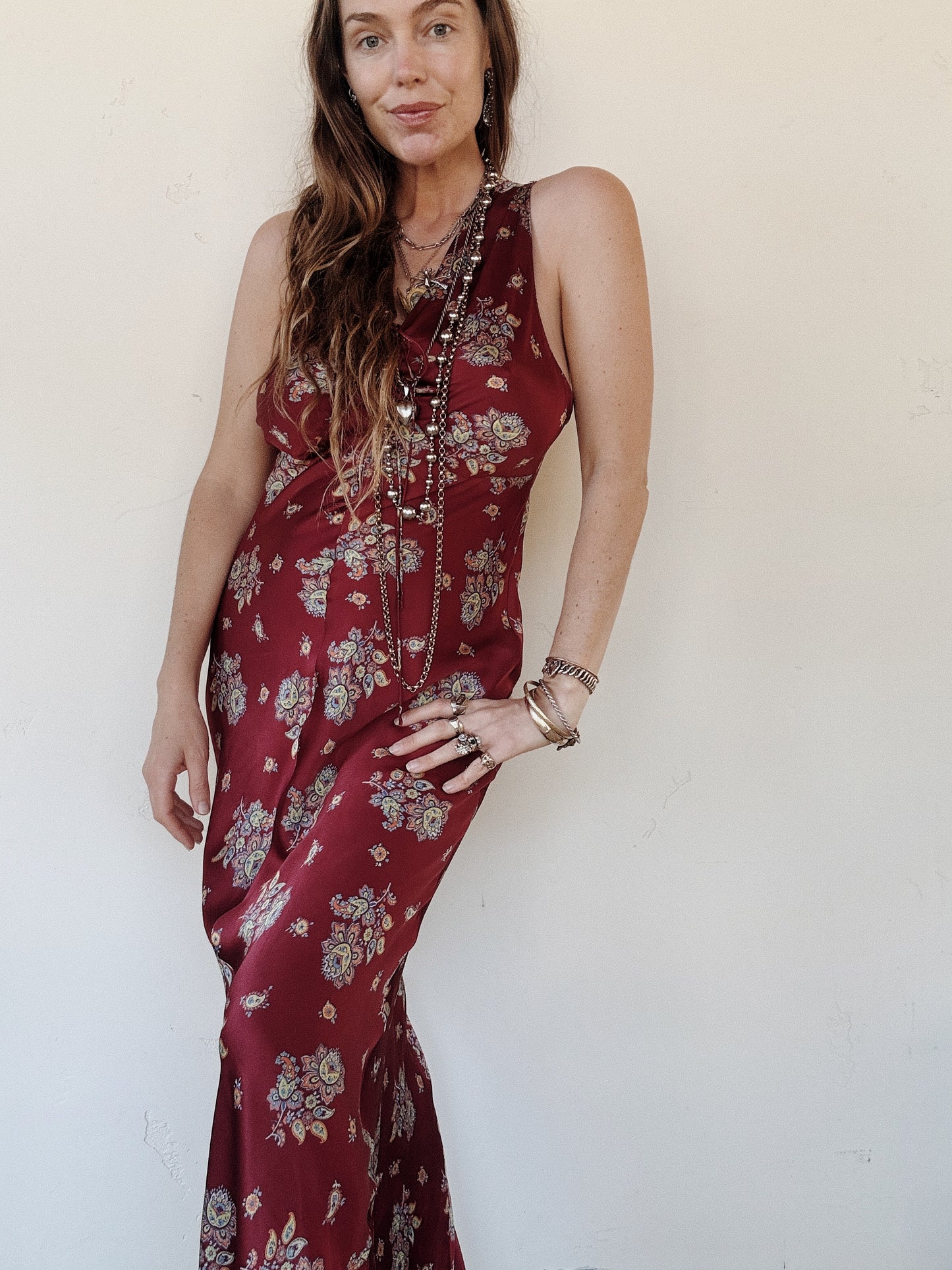 1940s Cabernet Paisley Silk Printed Slip Dress- M