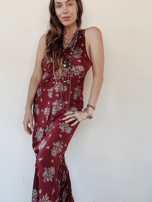 1940s Cabernet Paisley Silk Printed Slip Dress- M