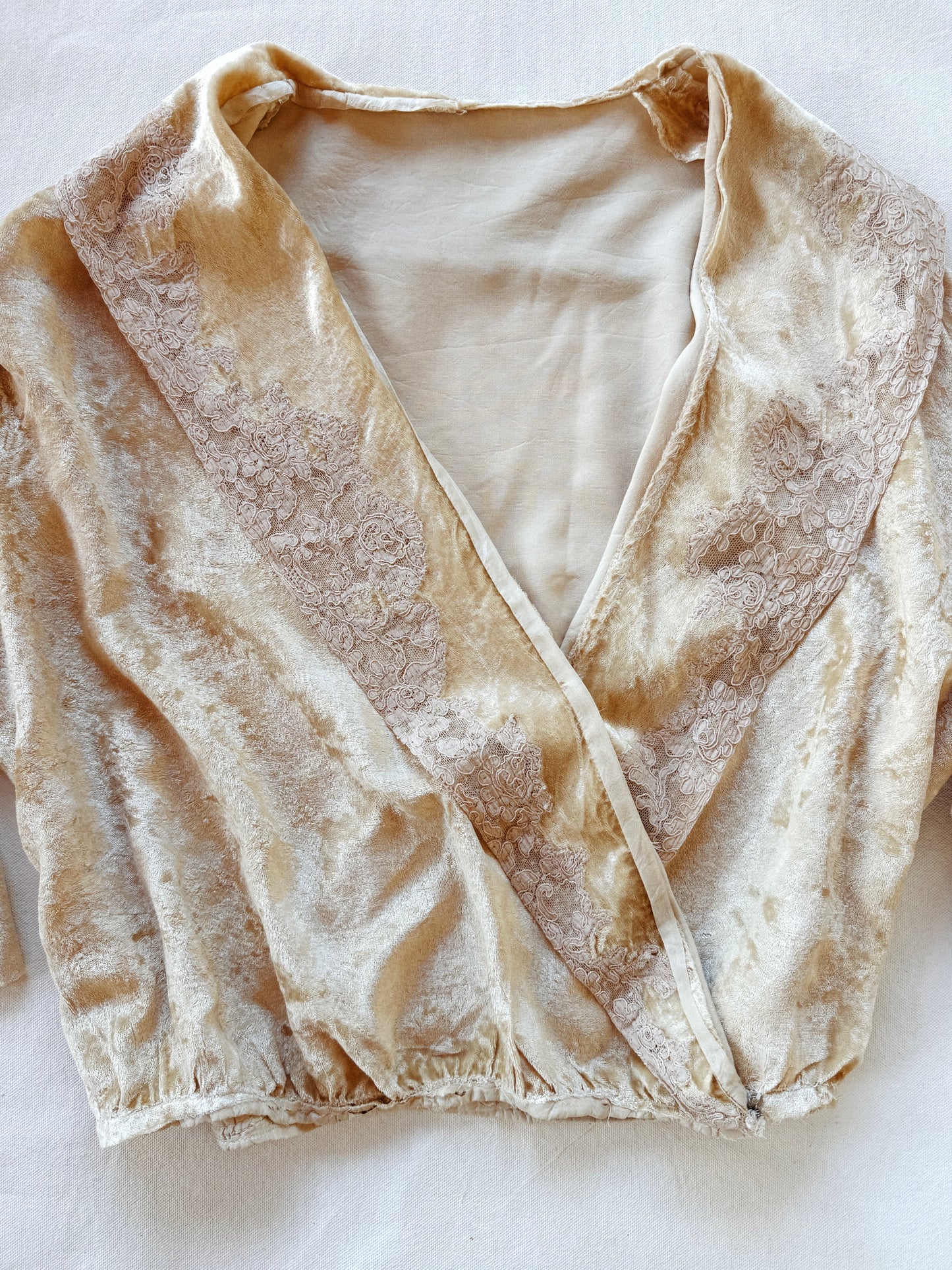 1930s Ivory Crushed Velvet + Lace Cropped Jacket- M